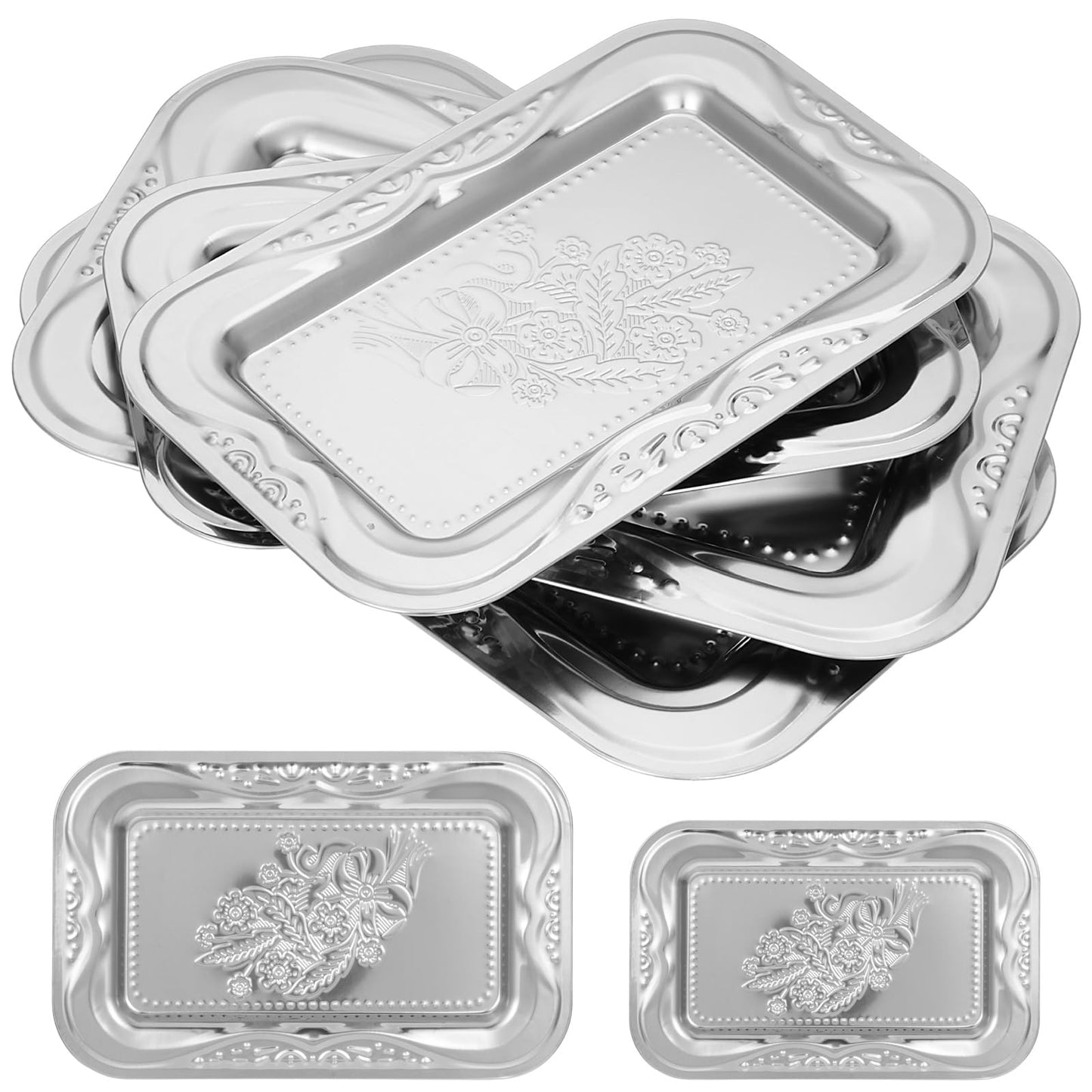 6 Pack Silver Serving Trays Set, Floral Engraved Mirror Decorative Tray Party Platters for Whiskey Cookies Food Dessert Fruit Cupcake Weddings Table Parties Display