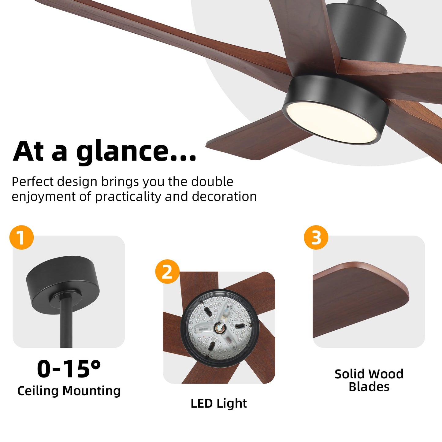 WINGBO 48 Inch DC Ceiling Fan with Lights and Remote Control, 5 Carved Solid Wood Blades, 6-Speed Noiseless Reversible DC Motor, Indoor Ceiling Fan in Matte Black Finish with Walnut Blades