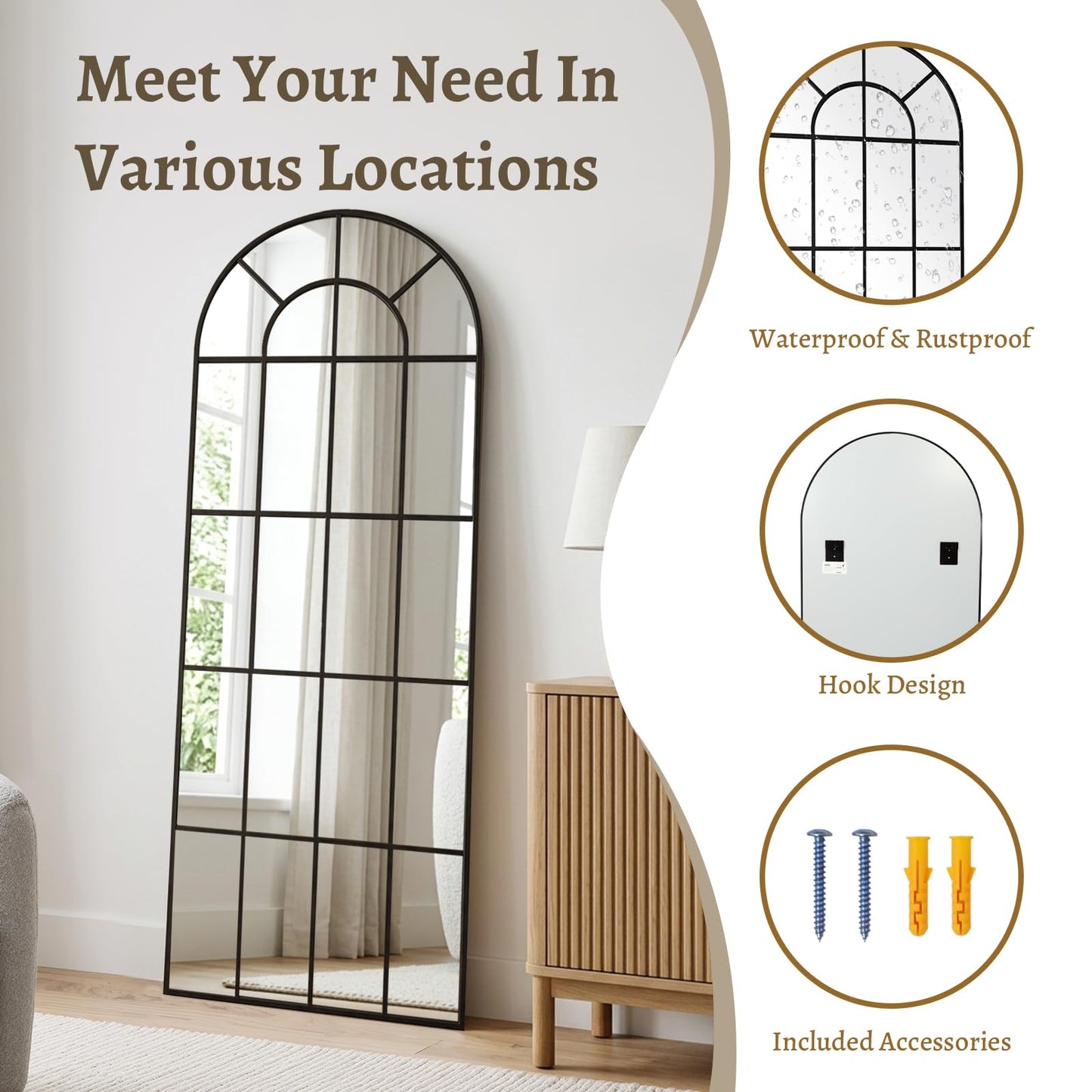 Anpark Arched Windowpane Mirror Full Length 71"x30" Wall Mounted Black Art Pane Farmhouse Decorative Floor Mirror Leaning Hanging Wall Mirror for Bedroom Living Room Entrance