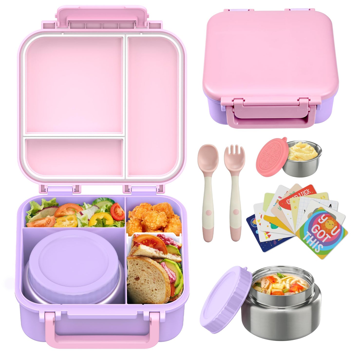 Kids Bento Lunch Box with 9oz Soup Thermo Leakproof Lunch Food Containers 4 Compartment with Insulated Hot Food Jar for Kid Toddler Girls Boys to School Trvael