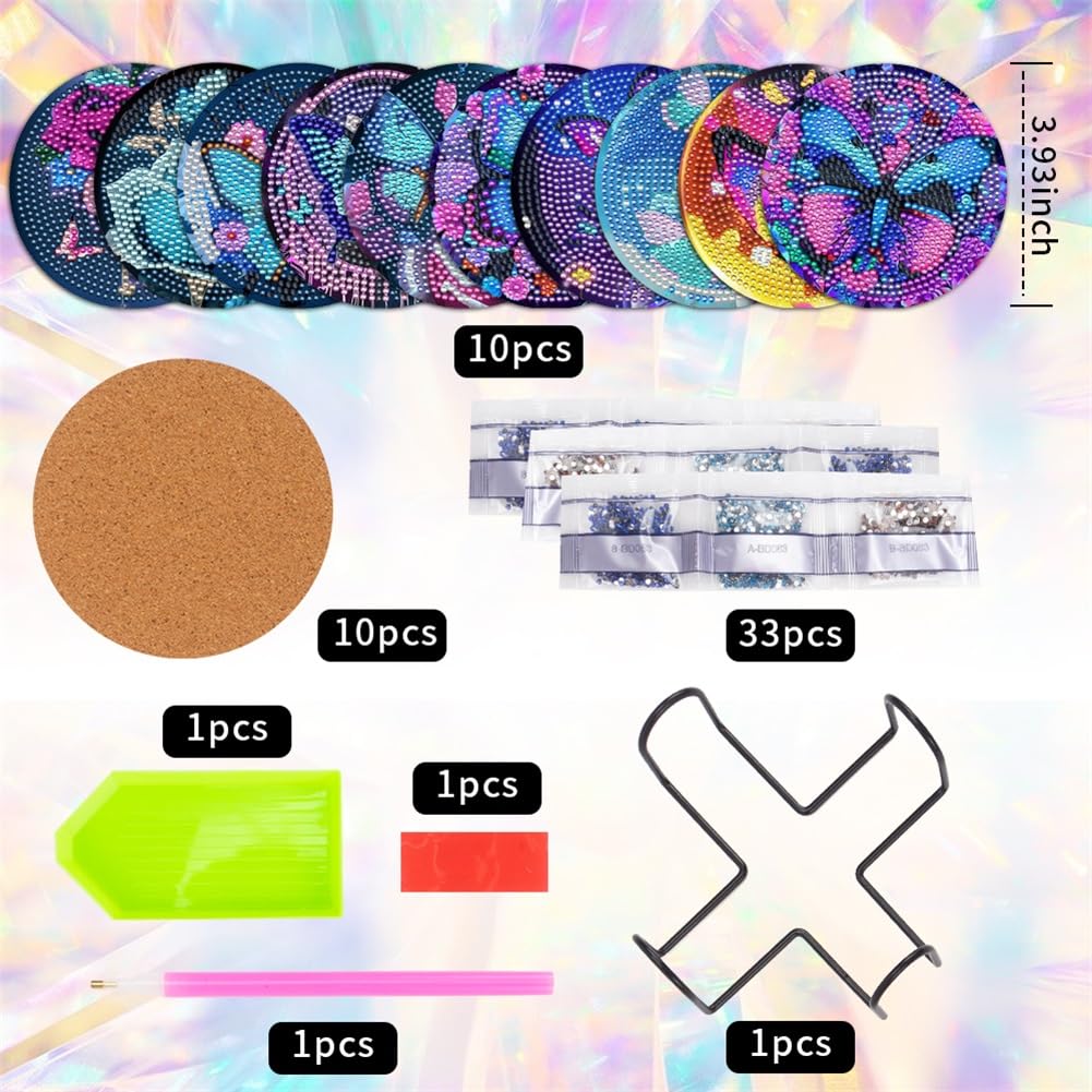 10 Pcs Diamond Painting Coasters, Butterfly Diamond Art Coasters with Holder, DIY Flowers Crafts Kits for Beginners, Adults