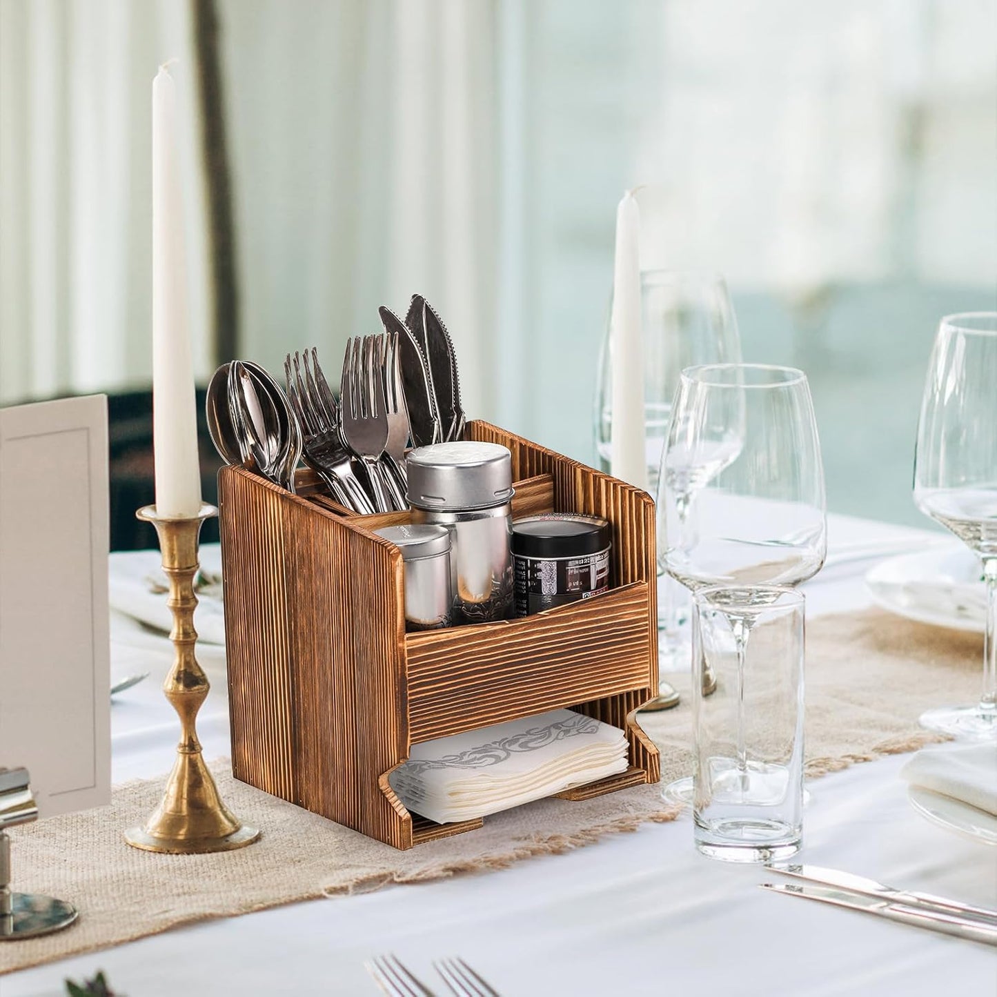 yarlung Wooden Utensil Caddy - Flatware Holder with 5 Compartments, Kitchen Silverware Organizer for Party, Dining