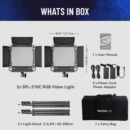 Mettlelite SPL210C Light Kit 2 Packs, RGB LED Video Light with APP Control, 360° Full Color RGB, 2800K-8000K, CRI/TLCI 97+, 10 Scenes, Photography Studio Light Kit with Light Stand for Photo and Video