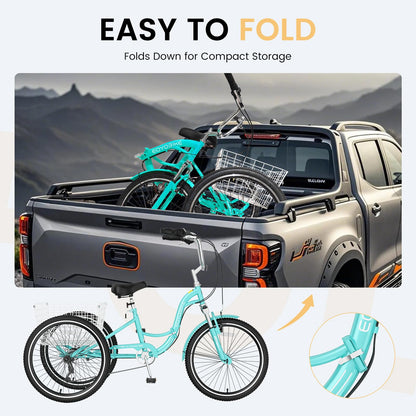 EOYOBIKE Adult Folding Tricycle, 7-Speed 3-Wheel Cruiser Bike with Low Step-Through Frame, Large Rear Basket, Adjustable Seat, 20/24/26 Inch Options