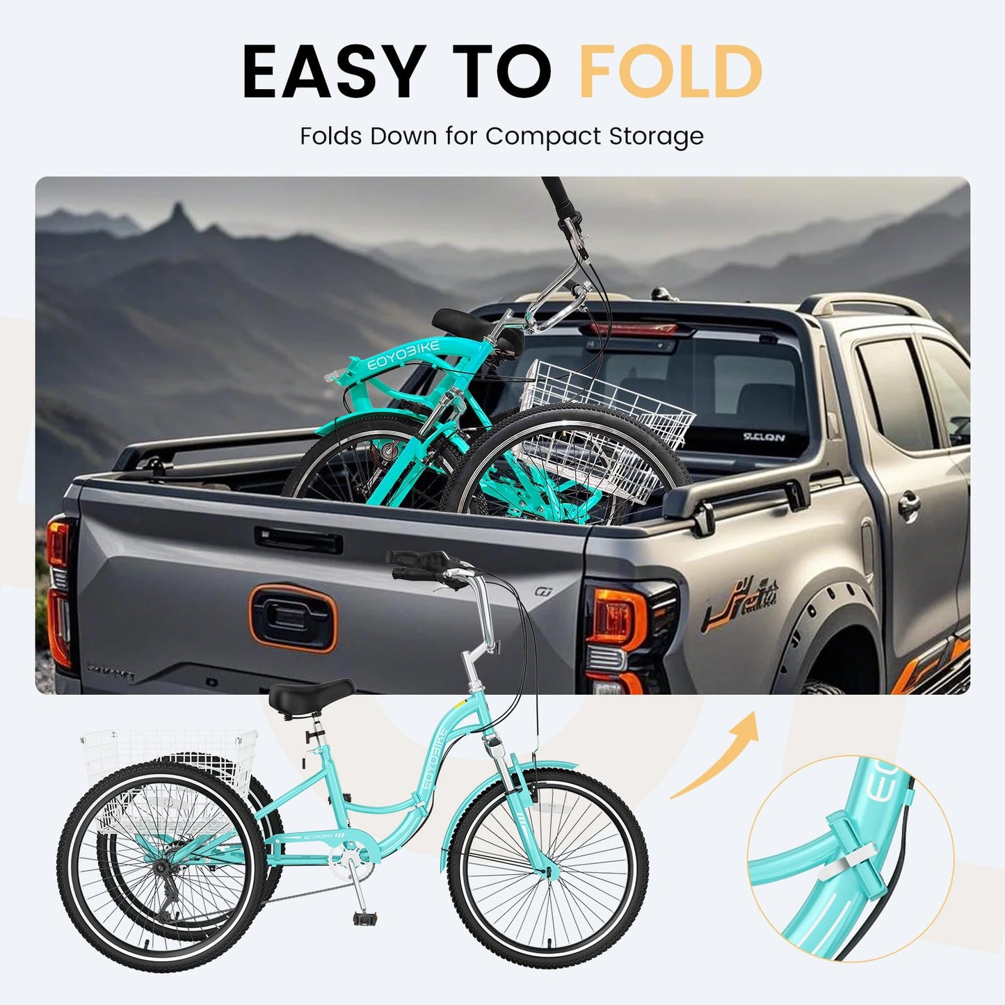 EOYOBIKE Adult Folding Tricycle, 7-Speed 3-Wheel Cruiser Bike with Low Step-Through Frame, Large Rear Basket, Adjustable Seat, 20/24/26 Inch Options