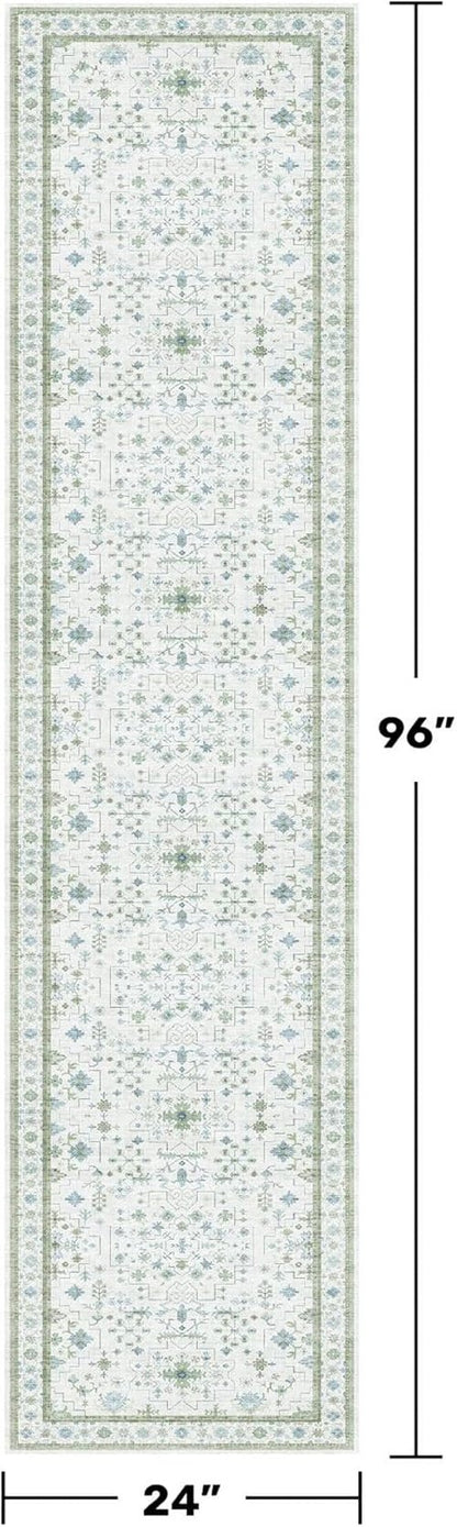 Hazo Haus Washable Oushak Bathroom Runner Rug - Vintage Turkish Floral Design | 2x8 ft Low Pile, Non-Slip, Cream Blue Green