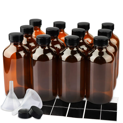 PINIWON 12 Pack 8 oz Amber Glass Bottles, 240ml Boston Round Sample Bottles with Black Poly Cone Caps, Labels and Funnels