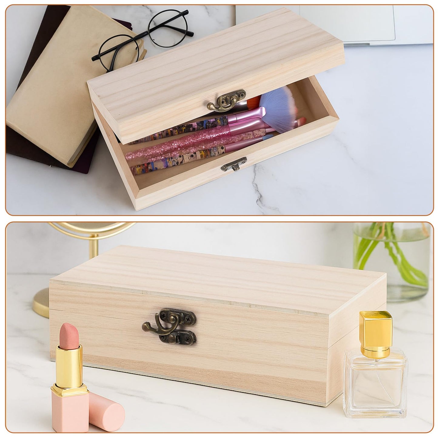 10 Pack Wooden Box with Hinged Lid, Unfinished Wood Box for Crafts, Large Unpainted Wooden Boxes for DIY Art Gifts Storage Jewelry, 8x4x2 Inch