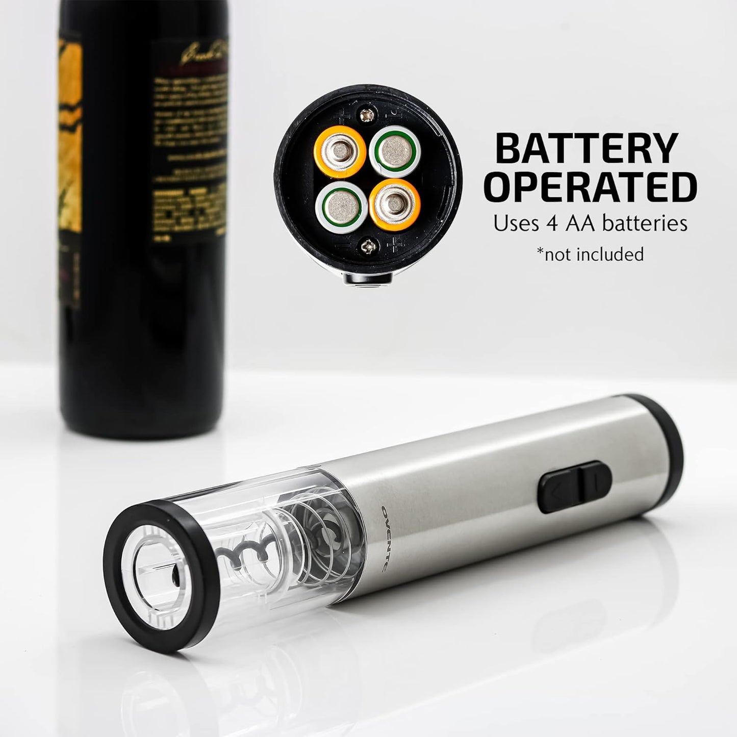 OVENTE Electric Wine Opener with Foil Cutter, Automatic Bottle Corkscrew Remover, Battery Operated, Silver WO1381S