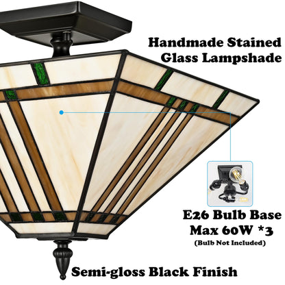 DAYCENT Tiffany Ceiling Lights, Stained Glass Ceiling Light Fixtures 3-Light 14 Inches Vintage Tiffany Style Semi Flush Mount Lamp for Bedroom Foyer Entryway Dining Room, Black Finish