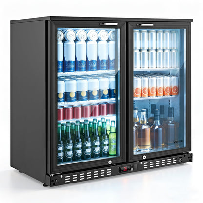 VEVOR Back Bar Cooler, 7.4 Cu. Ft Commercial Beverage Refrigerator, Under Counter Bar Fridge with 2 Glass Doors, LED Lighting, Shelves, Low-E Glass Display Cooler for Beer, Soda, Wine, Drinks