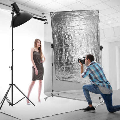WELLMAKING 79x59 inch Professional Photography Light Diffuser Screen - 360° Rotatable Frame, Quick Setup, Adjustable Stand with Casters for Studio Portrait Video Shooting, White, Silver, Black