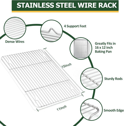 TeamFar Stainless Steel Baking Sheet Set - 16” x 12” Baking Pan with Cooling Rack & Silicone Mat | Oven & Dishwasher Safe