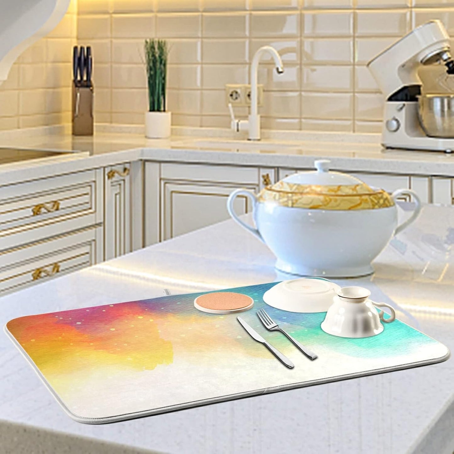 Watercolor Pattern Dish Drying Mat for Kitchen Counter, 18" x 16" Microfiber Absorbent Drying Pad, Heat-resistant