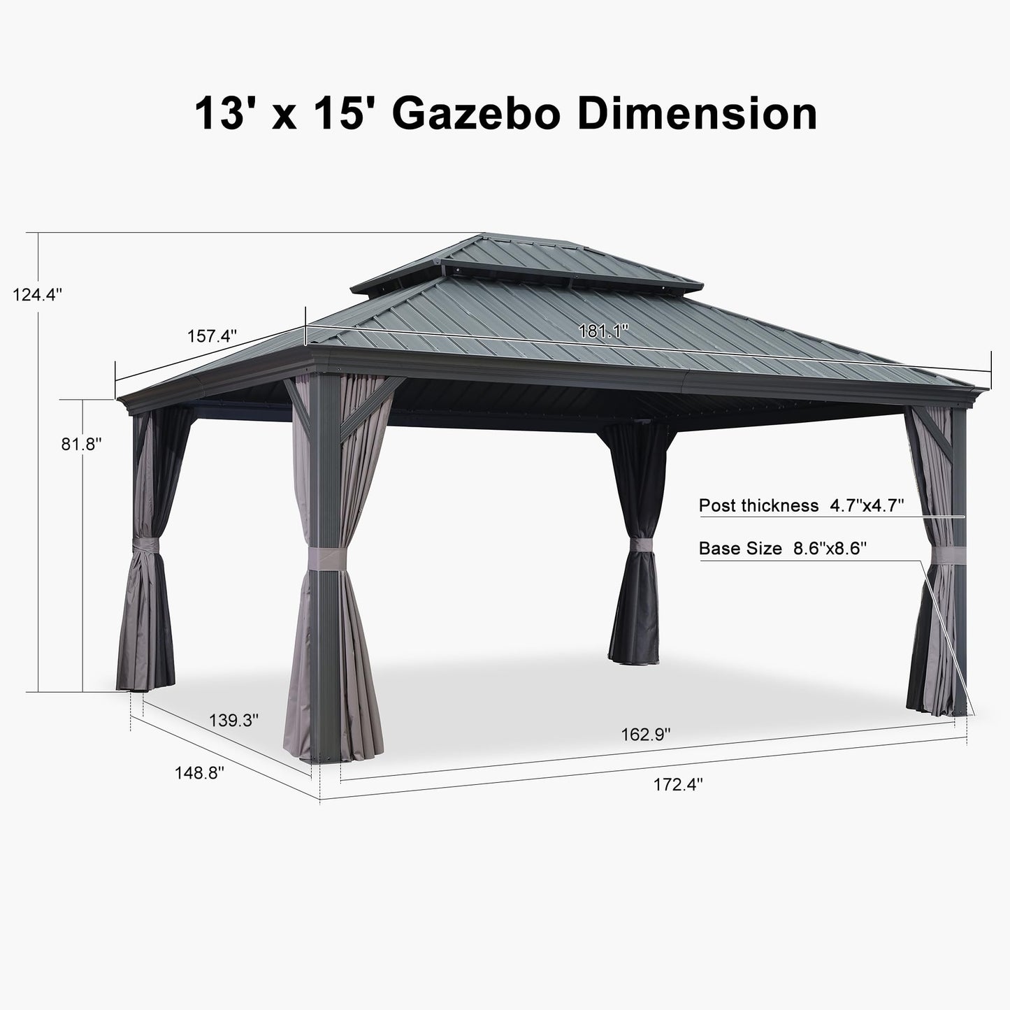 PURPLE LEAF 13' X 15' Permanent Gazebo with Metal Roof Outdoor Hardtop Gazebo for Patio Lawn and Garden Curtains and Netting Included Grey