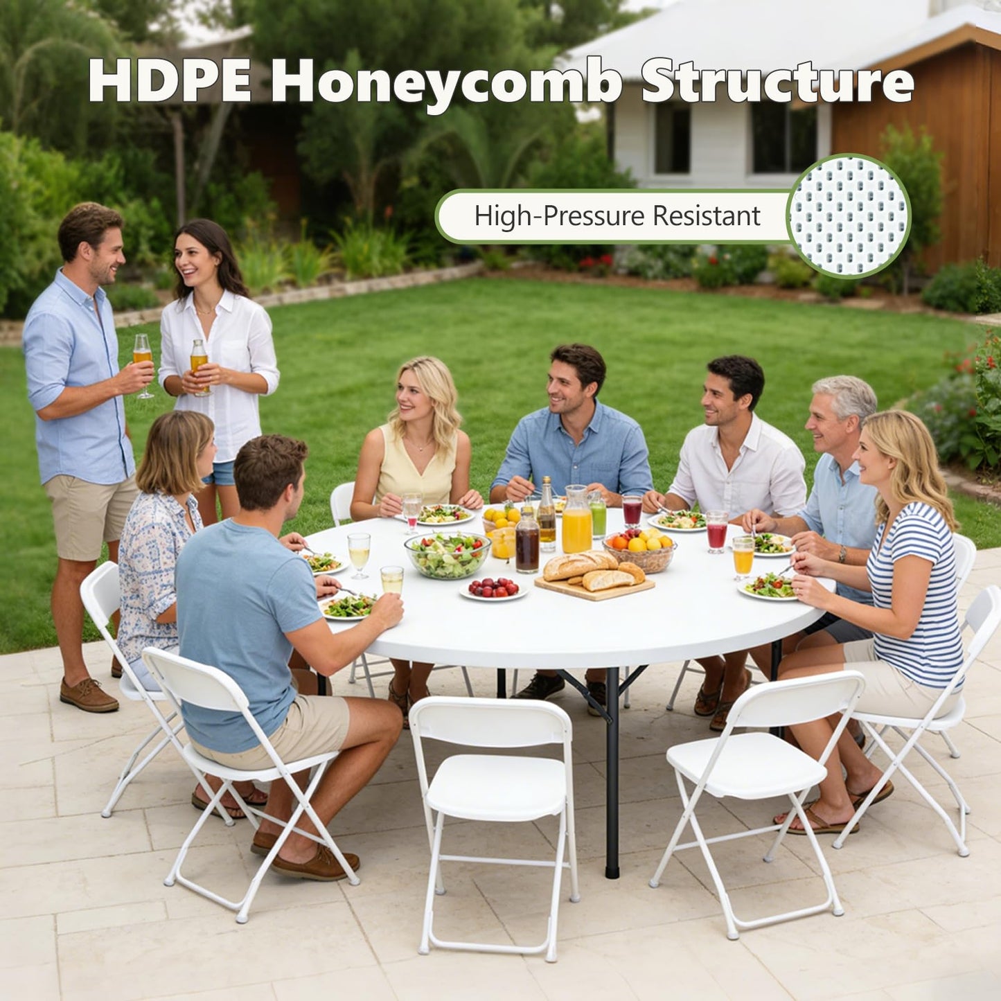 MAKE CHANGES 71" Folding Round Table, Plastic Dinner Table, Portable Folding Banquet Table for Living Room, Party or Outdoor Event, White