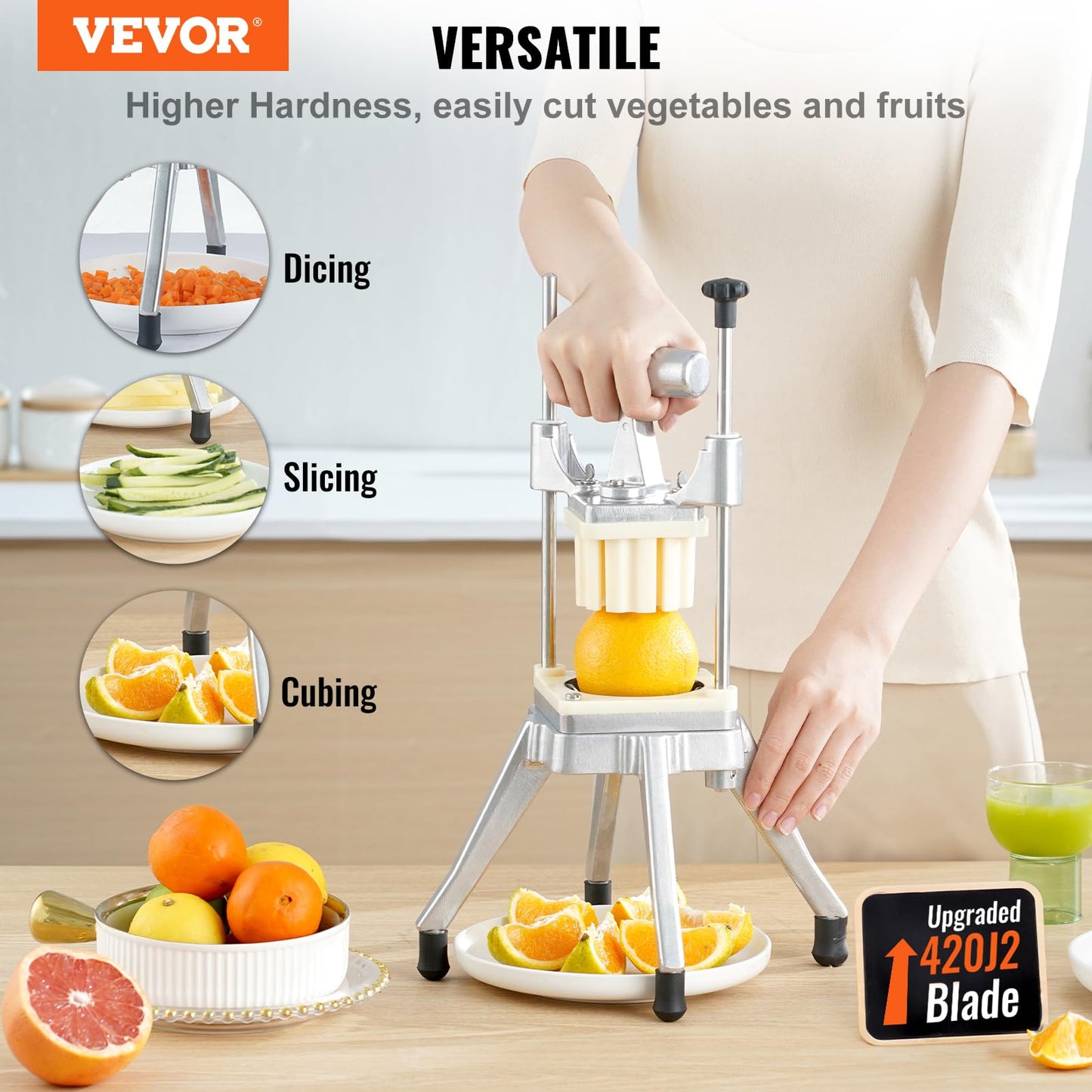 VEVOR Commercial Vegetable Fruit Chopper, Stainless Steel French Fry Cutter w/ 4 Blades 1/4" 3/8" 1/2", Vegetable Chopper Dicer w/Stainless Bowl, Heavy Duty Cutter for Potato Tomato Onion Mushroom
