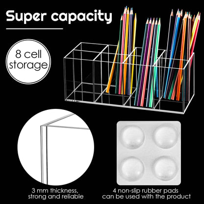 Yulejo 8 Slot Clear Acrylic Pen Holder Makeup Brushes Organizer Holder Eyebrow Pen Container Bathroom Storage Square Cube Deep Organizer Countertop Storage Pencil Display Case for Office Desk