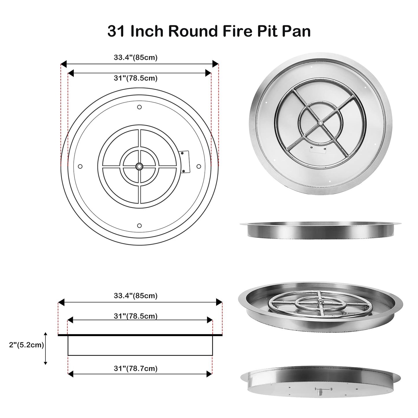 Stanbroil 31-Inch Round Fire Pit Burner Pan, Drop-in Fire Pit Insert for Natural & Propane Gas Firepit Table, Stainless Steel, BTU 296,000 Max