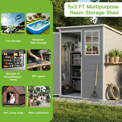 AIRAJ 5x3 FT Outdoor Storage Shed,Resin Storage Shed with Floor/Window/Vent/Roof Rainwater Drainage/Lockable Door,All-Weather Plastic Garden Sheds,for Yard,Garden,Poolside,Lawn Mower,Seasonal Items