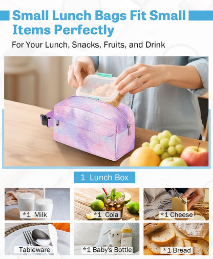 Neverwhy Small Insulated Snack Bag Lunch Box,Collapsible Reusable Small Lunch Bag with Snap Buckle Handle for Beach Travel Picnic,Pink Starry Sky 5-Can(3L)