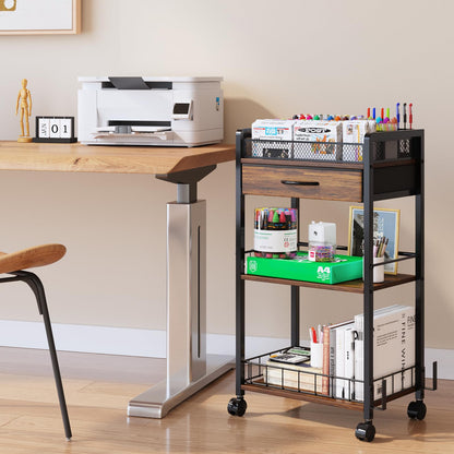Homsorout 3 Tier Rolling Cart - Metal Utility Cart with Storage Drawer and Wheels, Versatile Art & Craft Organizer for Home, Office, or Studio Ideal for Storing Brushes, Paints, and Supplies Brown