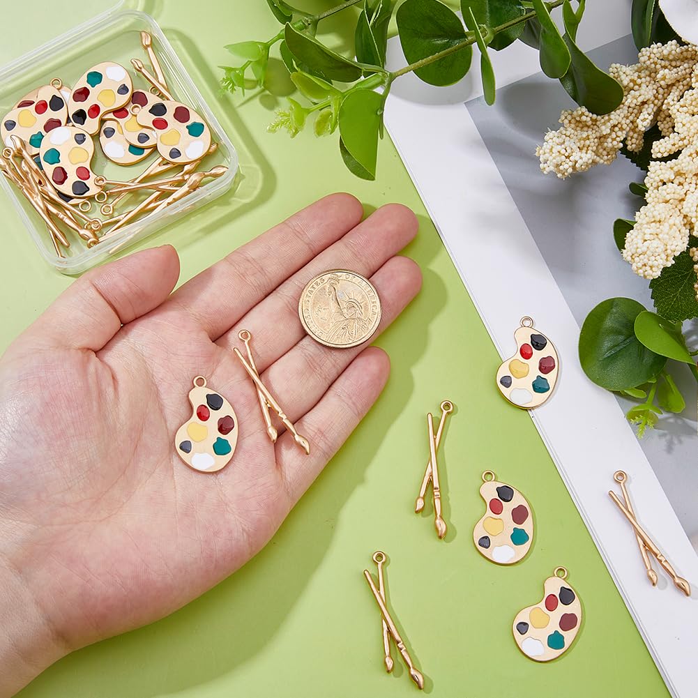 DICOSMETIC 24Pcs 2 Styles Artist Paint Charms Alloy Paint Brush Palette Charms Matte Gold Enamel Art Paintbrush Charm Art Teacher Gifts for DIY Necklace Earring Jewelry Making
