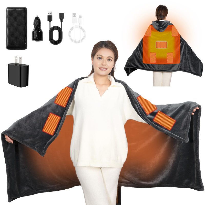 Cordless Heated Blanket with Hood, USB Battery Powered Heated Wearable Blanket with 9 Heating Zones, 20000 mAh Power Bank, 3 Levels, Portable Heated Throw Blanket, Heated Shawl (Warm Comfort Gray)