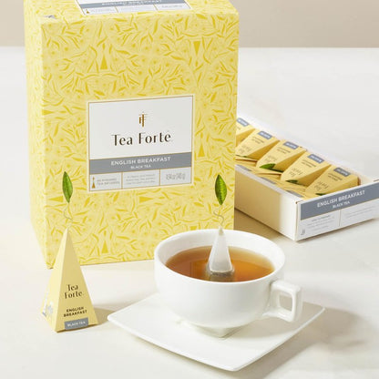 Tea Forte English Breakfast Premium Caffeinated Black Tea Blend Event Box, Bulk Pack 40 Count, 10 per tray Individually Wrapped Handcrafted Pyramid Infusers