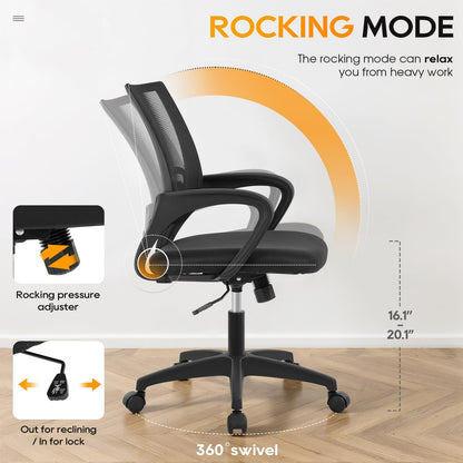 BestOffice Ergonomic Office Chair - Mid-Back Swivel Design with Breathable Backrest & Lumbar Support - Adjustable Height, Sponge Seat, Rolling Wheels - Dark Black for Adults & Women