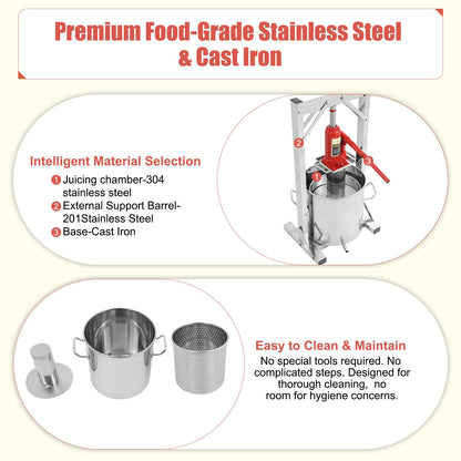 Fruit Press, 3.2 Gallon Food Grade Stainless Steel Cider Press with Hydraulic Jack Manual Grape Wine Making Supplies and Equipment Fruit Crusher for Home, Restaurants