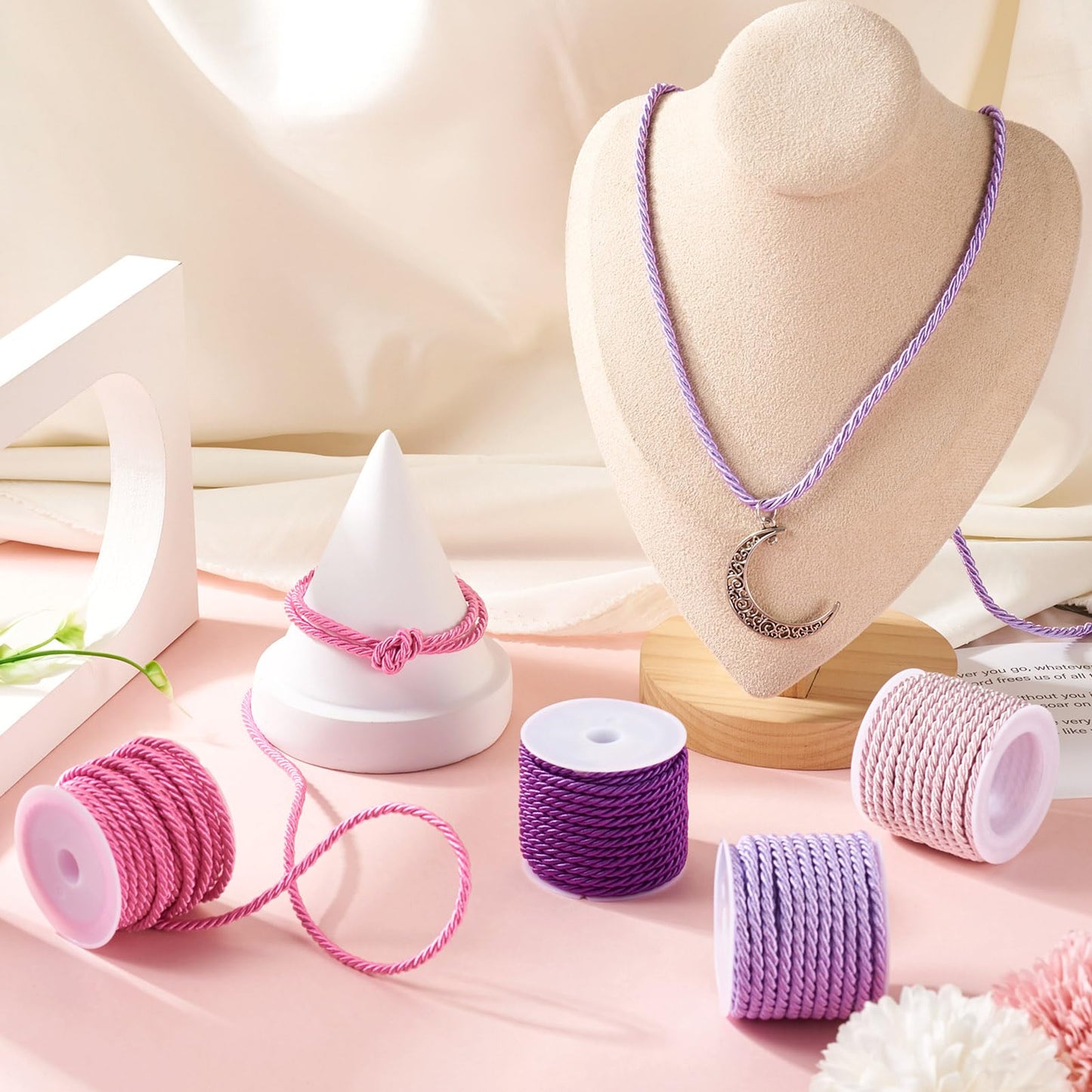 Pandahall 4 Rolls 3mm Polyester Twine Cords Purple Braided Twisted Ropes Decorative Braided Cording Thread String Pink Twisted Silk Rope Cords for Home Decor Curtain Sewing Gift Wrapping