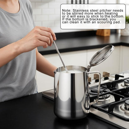 67 oz 304 Stainless Steel Pitcher with Lid, 2 L Large Mouth Graduated Beakers, Large Metal Measuring Cup with Handle, Milk Frothing Jug for Latte Art, Espresso Machines, Iced Tea