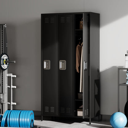 IDEALHOUSE 3 Doors Steel Storage, Metal Locker for School Office Gym Bedroom, 72 Inch Locker Cabinet for Employees,Industrial Storage Locker with 3 Shelves, Assembly Required, Black