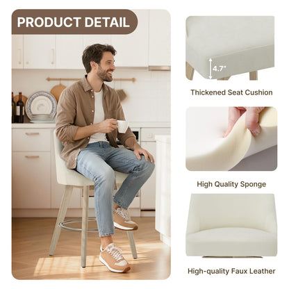 Counter Height Bar Stools Set of 2, Modern Swivel Barstools with Back and Wood Legs, Fabric Upholstered Bar Chairs, 26" Seat Height Counter Stools for Kitchen Island,Ivory
