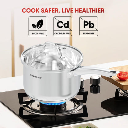 SUNHOUSE – 2 Quarts Stainless Steel Sauce Pan with Lid - PFOA-Free, Stainless Steel Sauce Pan, Advanced Impact Bonding Induction Base, Stay-Cool Handle, Compatible with All Cooktops
