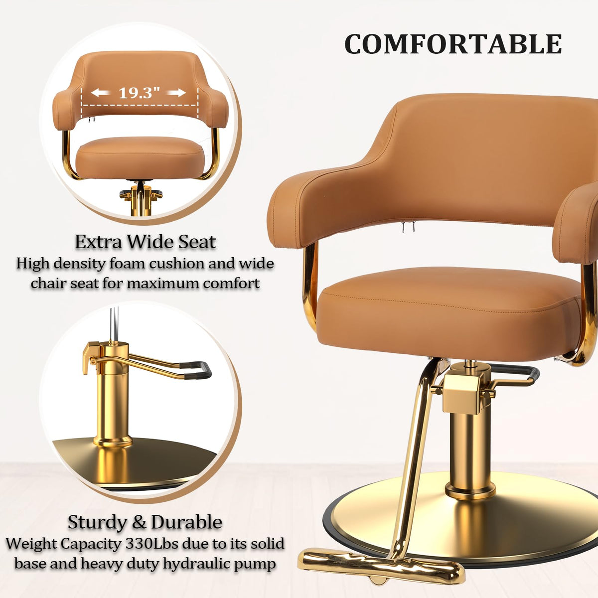 OmySalon Barber Chairs for Barbershop Brown and Gold Styling Chair, Salon Chair for Hair Stylist Heavy Duty Hydraulic Pump, 360°Swivel with Footrest, Hairdressing Home Beauty Spa Braiding Equipment