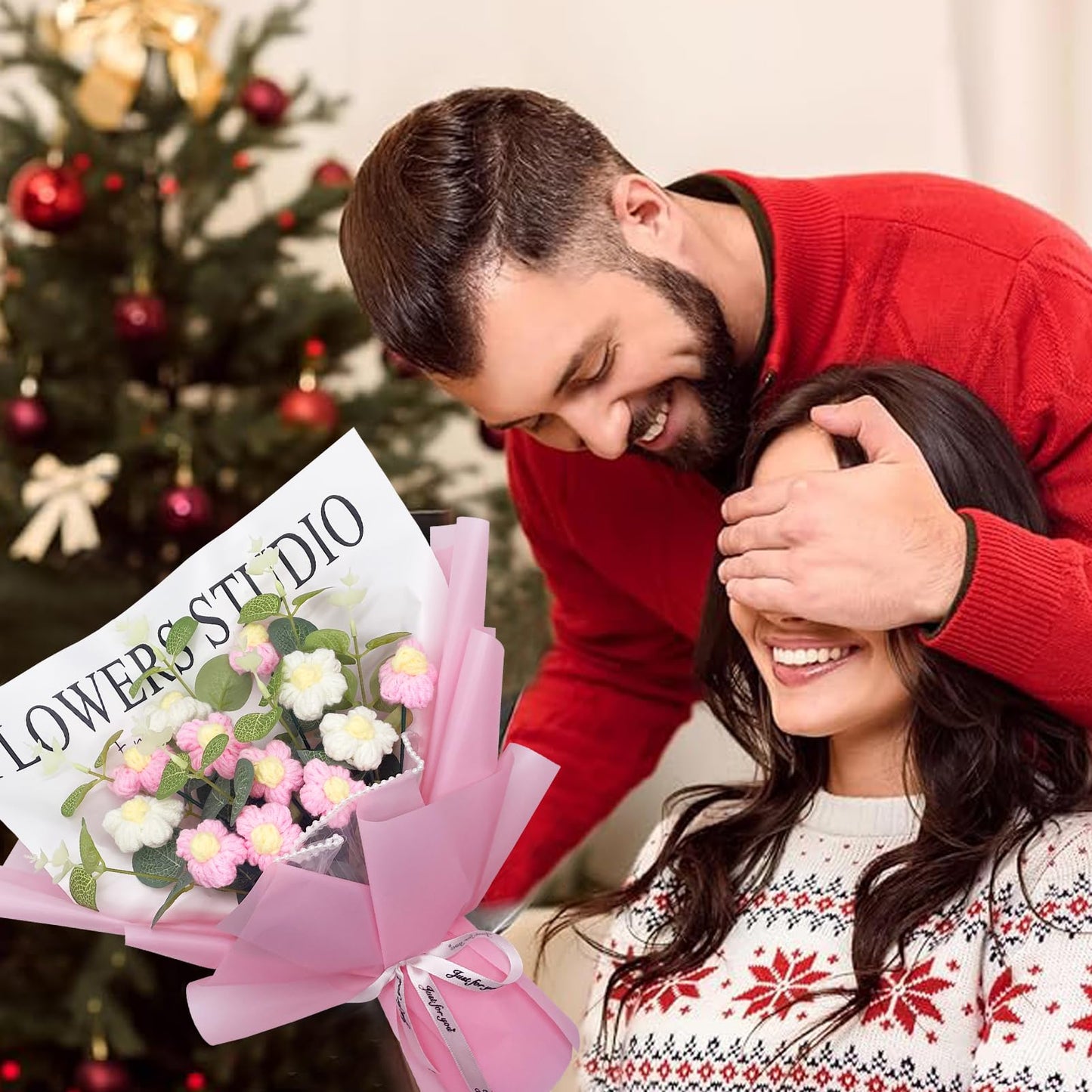 YUNBIAOSEN Completed Crochet Flowers Handmade Knitted Bouquet Crochet Bouquet Kit Knitted Fake Puff Flower, Gift for Mother Wife on Birthday Anniversary (Pink)