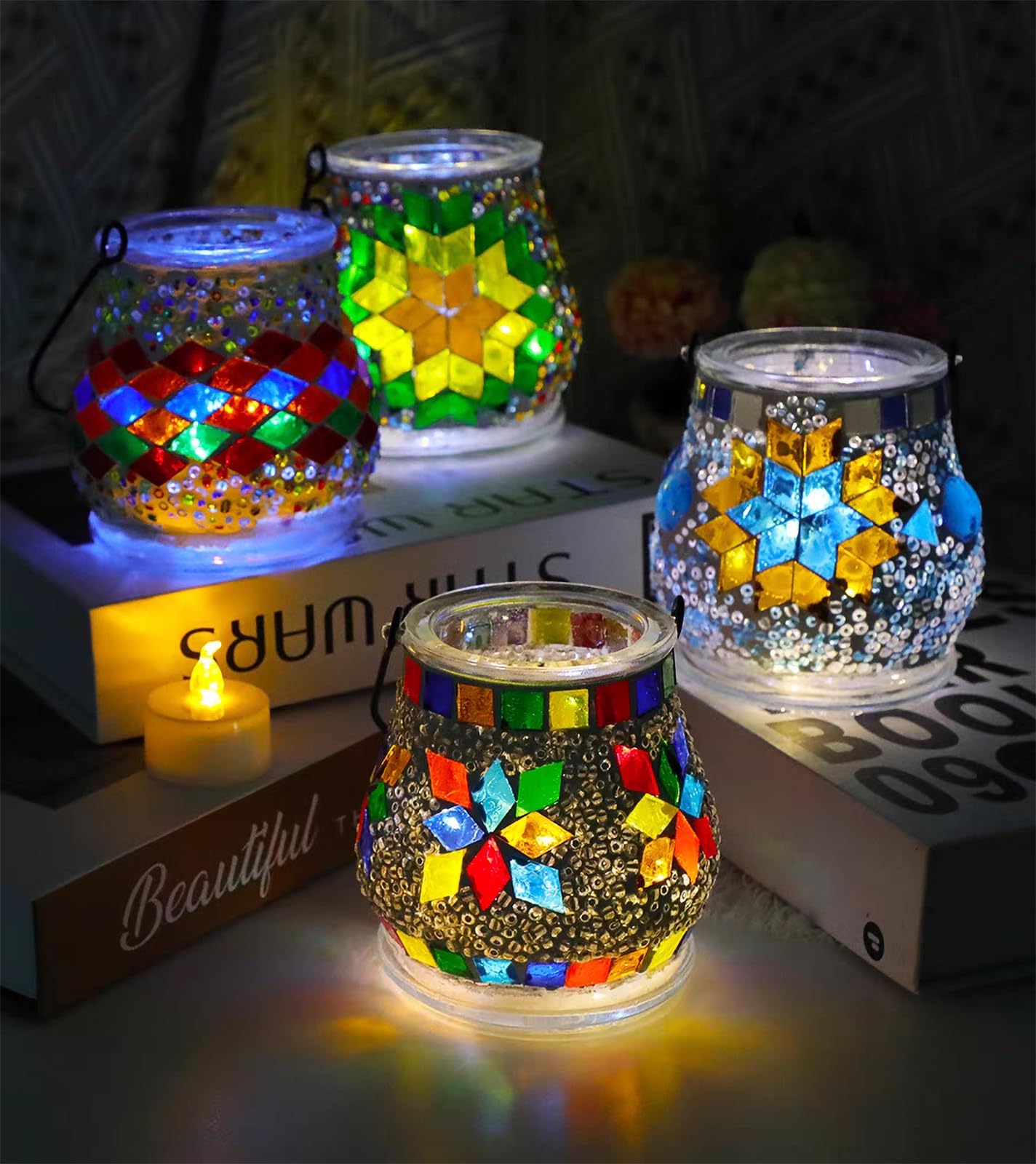 HJRTIUOH 520pcs/100g Diamond Mosaic Tiles, High Transparency Stained Glass Mosaic Tiles, DIY Handmade Lampshade Artwork and Stained Glass Projects, Deep Blue
