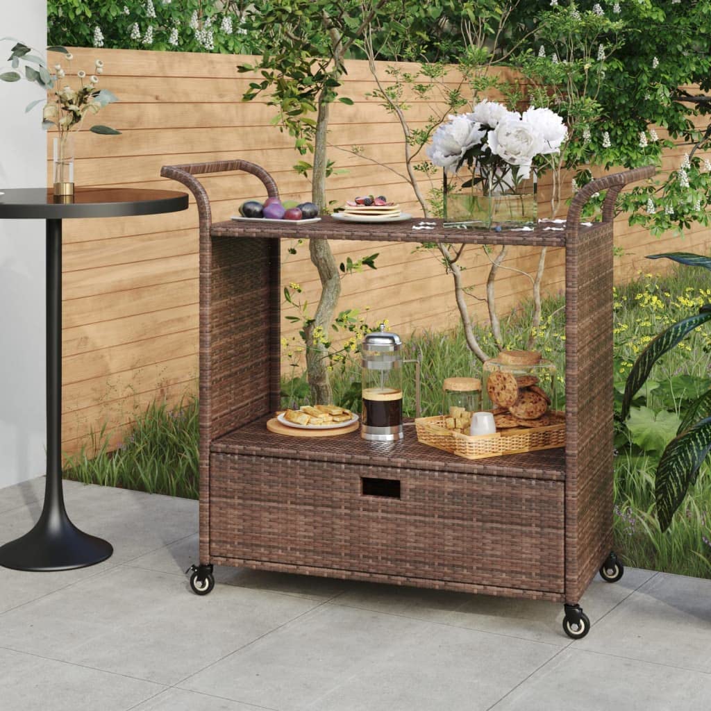 TUERYAFEK Brown Poly Rattan Bar Cart with Drawer, 39.4"x17.7"x38.2", Rolling Serving Trolley with Locking Castors