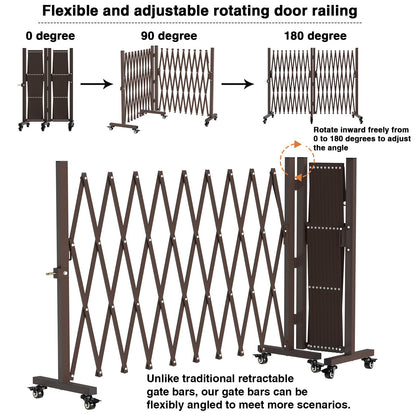 THEYFIRST Expandable Driveway Gate with Casters, Portable Metal Folding Security Gate, 209" Wide Aluminum Garden Fence, Outdoor Dog Fence for Yard in Coffee, 39.76 * 213
