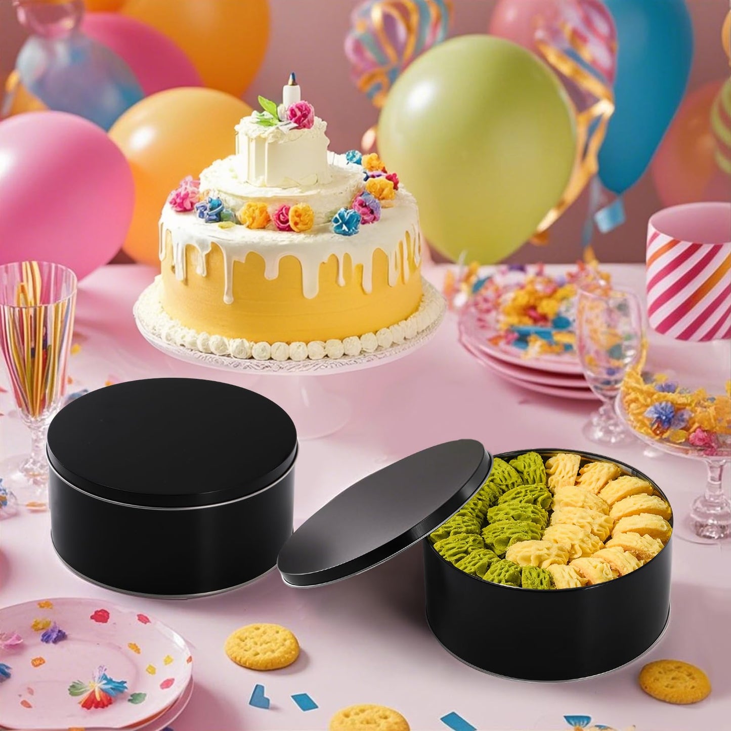 Yopay 3 Pack Cookie Tin with Lid, Round Gift Tin, Black Baking Cake Container for Storing Patisseries, Snack, Chocolate, Easter, Special Occasion, Holidays, 7" Wide by 3.2" Tall