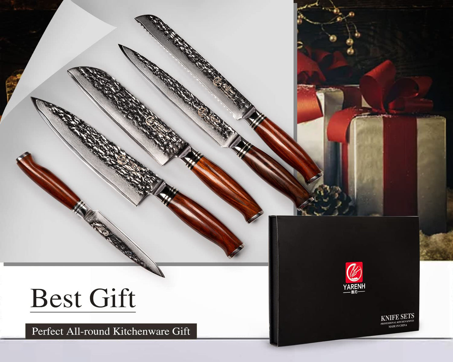 YARENH Chef Knife Set without Block, 5 Piece Professional Sharp Kitchen Knives,Damascus Stainless Steel, 73 Layers, Full Tang, Dalbergia Wood Handle, HTT Series
