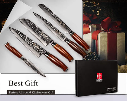 YARENH Chef Knife Set without Block, 5 Piece Professional Sharp Kitchen Knives,Damascus Stainless Steel, 73 Layers, Full Tang, Dalbergia Wood Handle, HTT Series