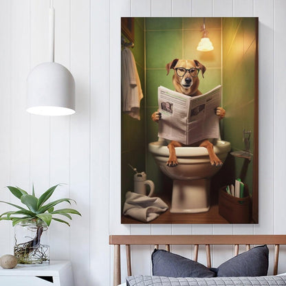 FireDeer Funny Bathroom Canvas Wall Art - Dog Reading Newspaper on Toilet Poster Humor Painting for Farmhouse Decor