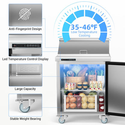 GarveeHome Commercial Refrigerator, 28" Undercounter Worktop Refrigerator,7.4 cu. ft W Single Door Thick Stainless Steel Refrigerator Sandwich Salad Prep Station Cooling with Cutting Board and 8 Pans