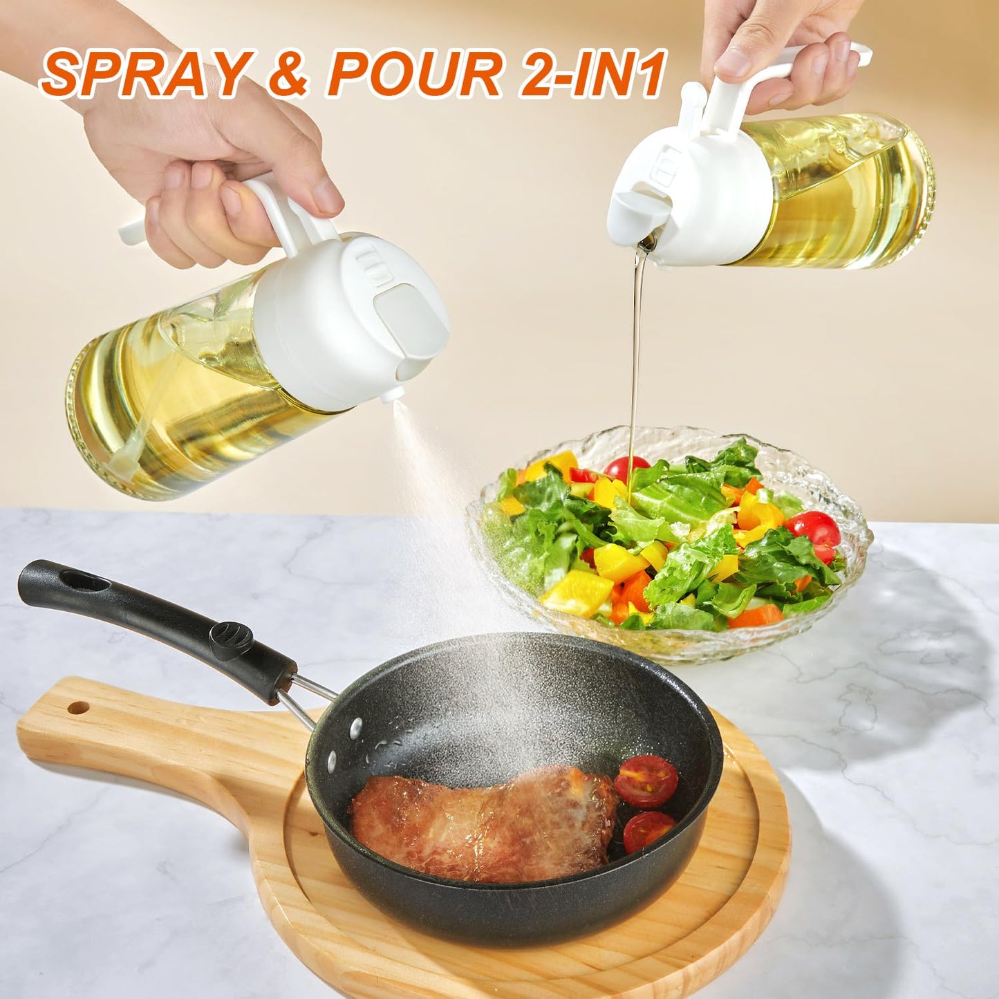 With Stickers 16oz Olive Oil Sprayer for Cooking - 2 in 1 Spray & Pour Olive Oil Dispenser - 470ml Glass Spray Oil Bottle - Kitchen Gadgets