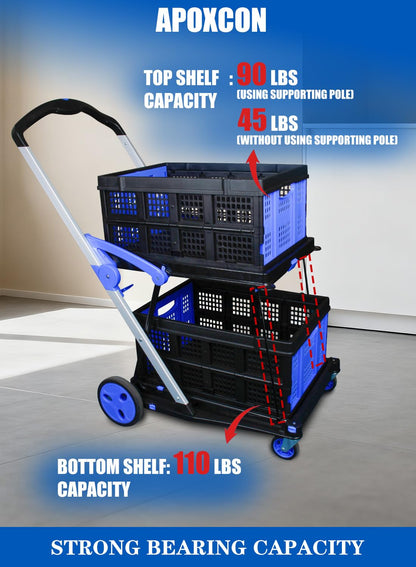 APOXCON Shopping Cart with 2 Storage Crates, Multi Use Two Tier Collapsible Cart with 360° Rolling Swivel Wheels Heavy Duty Folding Trolley for Shopping, Picnic and Office