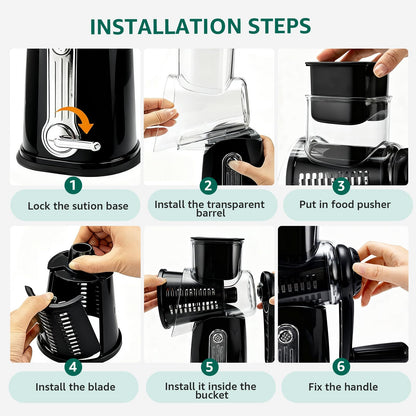 EVUCBEITS Rotary Cheese Grater Hand Crank - Cheese Shredder with 5 Blades & Strong Suction Base, Mandoline Slicer Vegetable Chopper, Kitchen Gadgets with Storage Box, Black