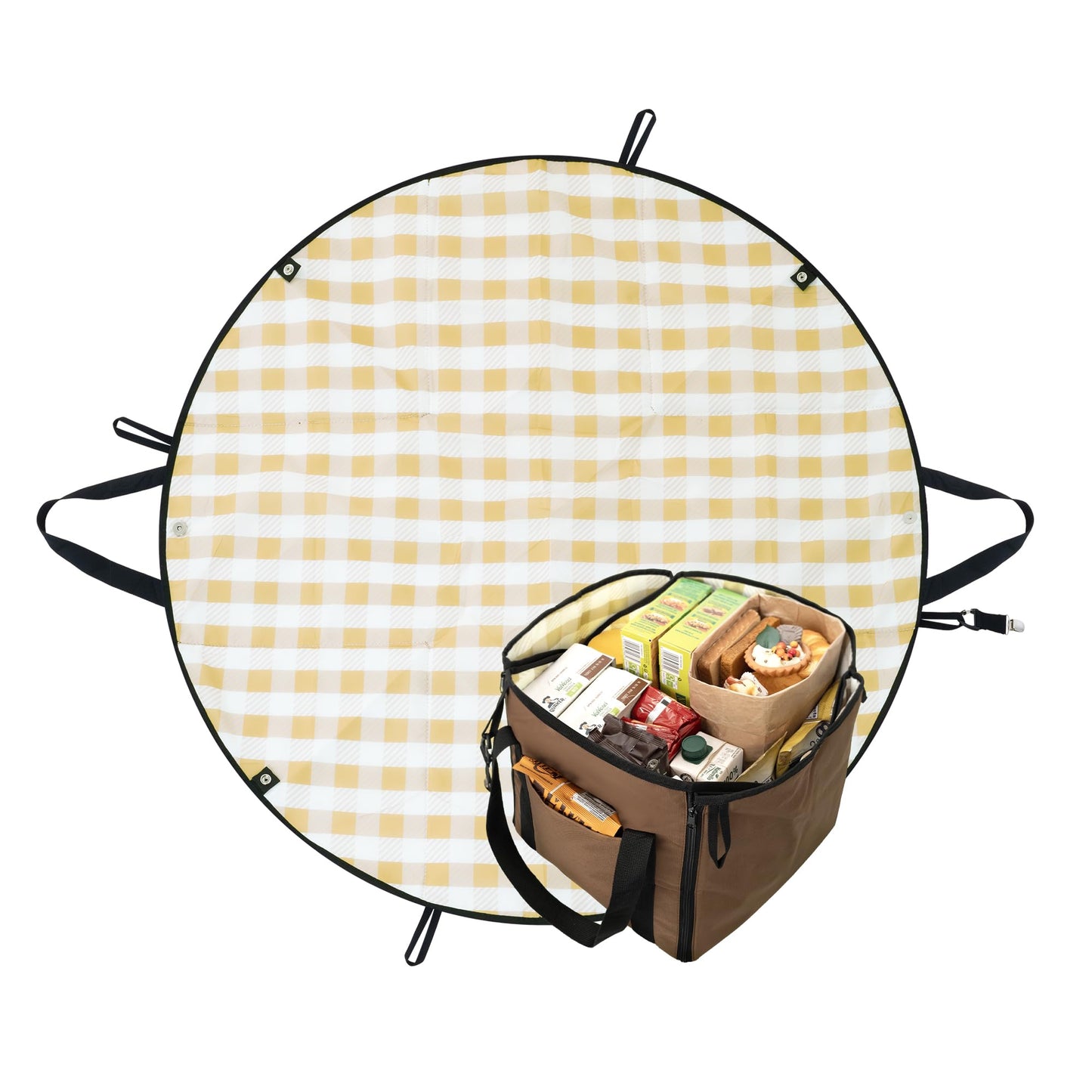 GRANNY SAYS 2-in-1 39¼”D Brown Waterproof Picnic Blankets & Tote Bag, Medium Picnic Mat for Camping, Grass, and Park, Foldable 3-Layer Outdoor Blanket, Sand-Free Beach Blanket with 1 Clip and 4 Stakes